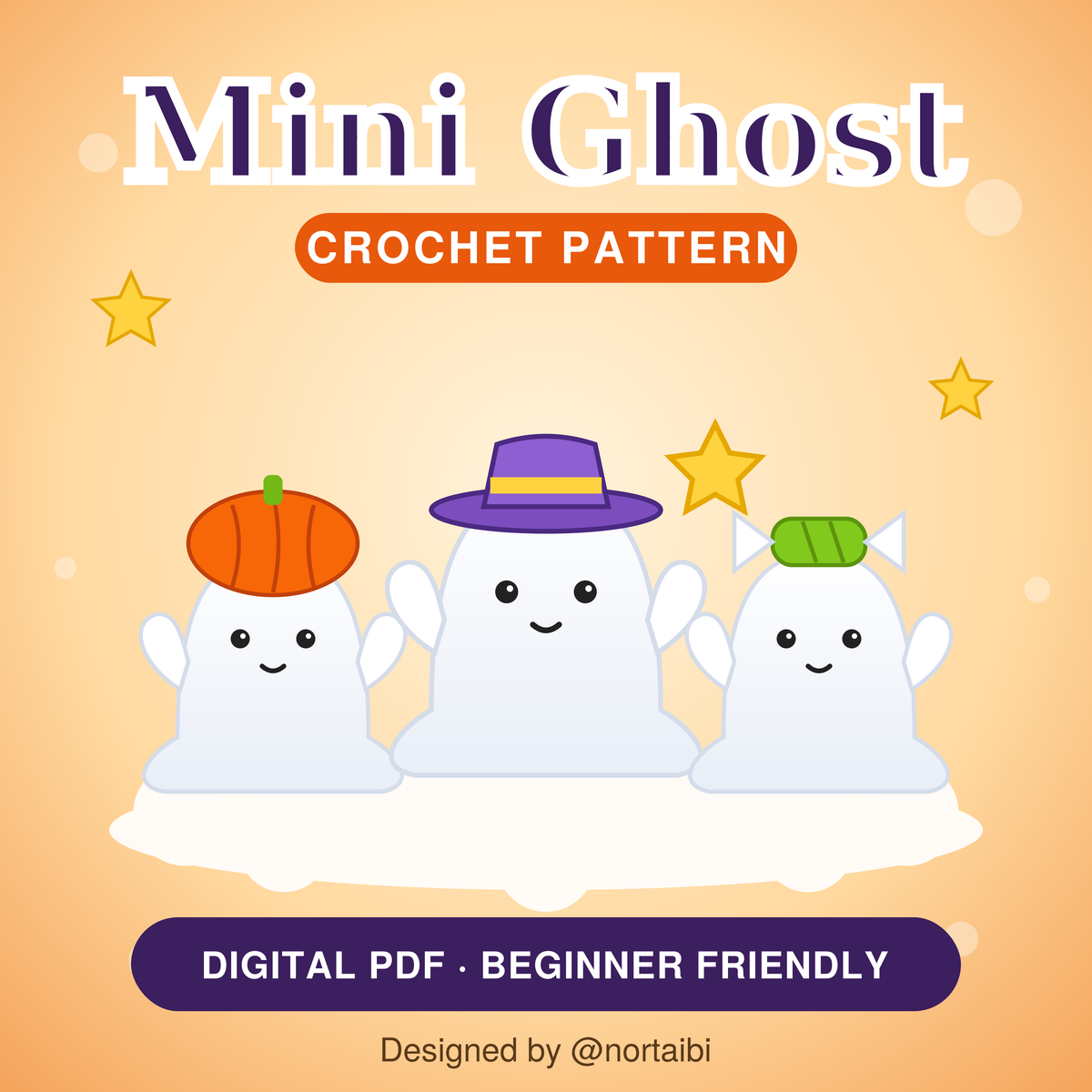 Halloween Amigurumi Keychain crochet pattern with three white cartoon ghosts, a pumpkin hat, purple witch hat and candy
