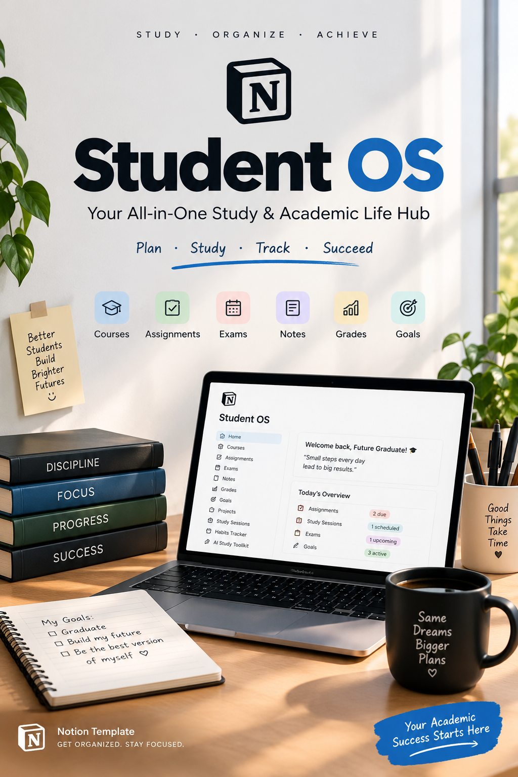Student OS digital study planner in a white and blue graphic, with a laptop dashboard and study tracker icons