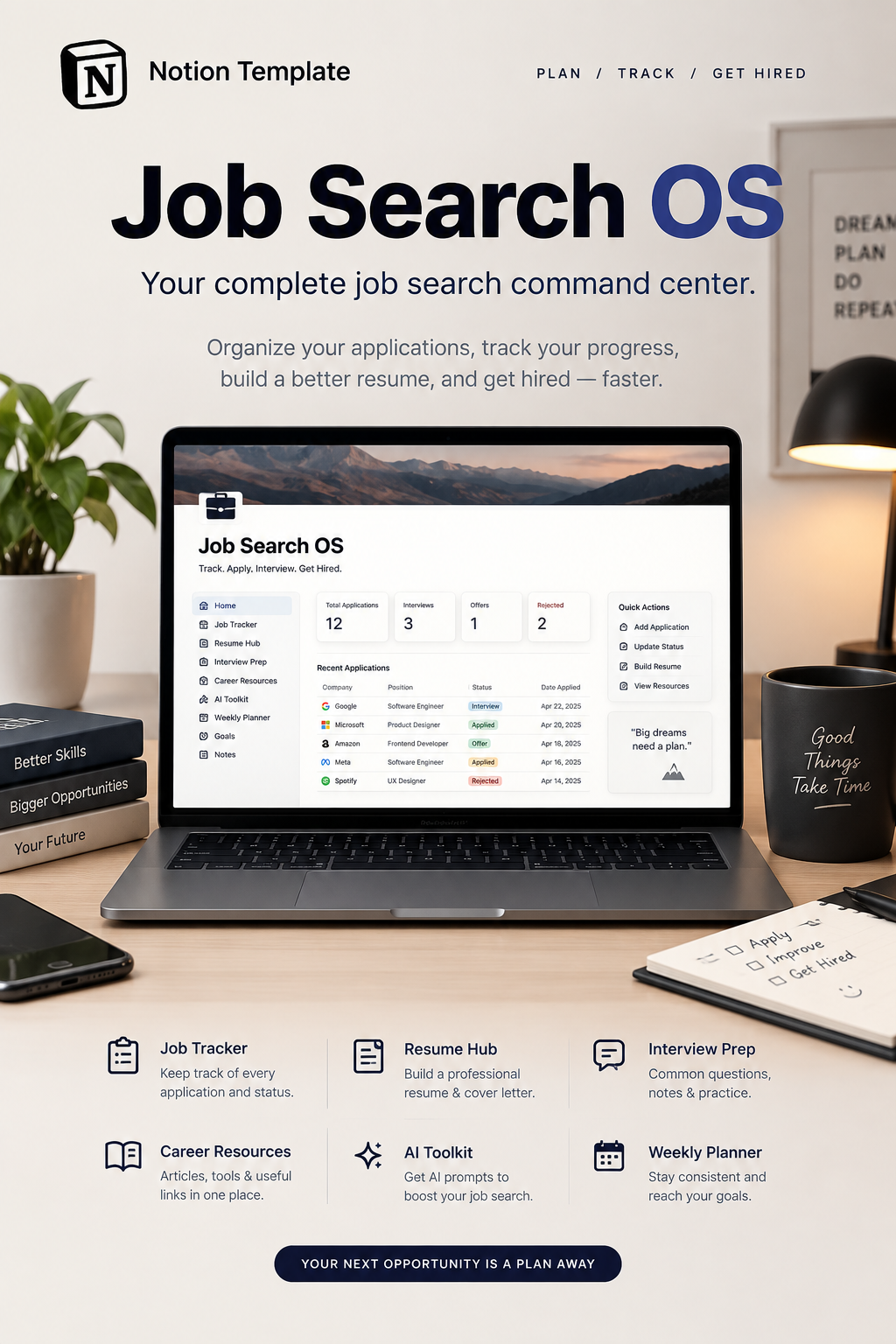 Notion template Job Search OS with a cream and navy layout, job tracker dashboard, resume hub and interview tools